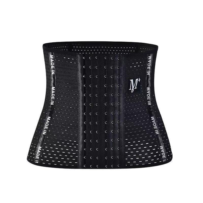 Black breathable mesh waist trainer laid flat, showing the vertical boning channels and front hook closure