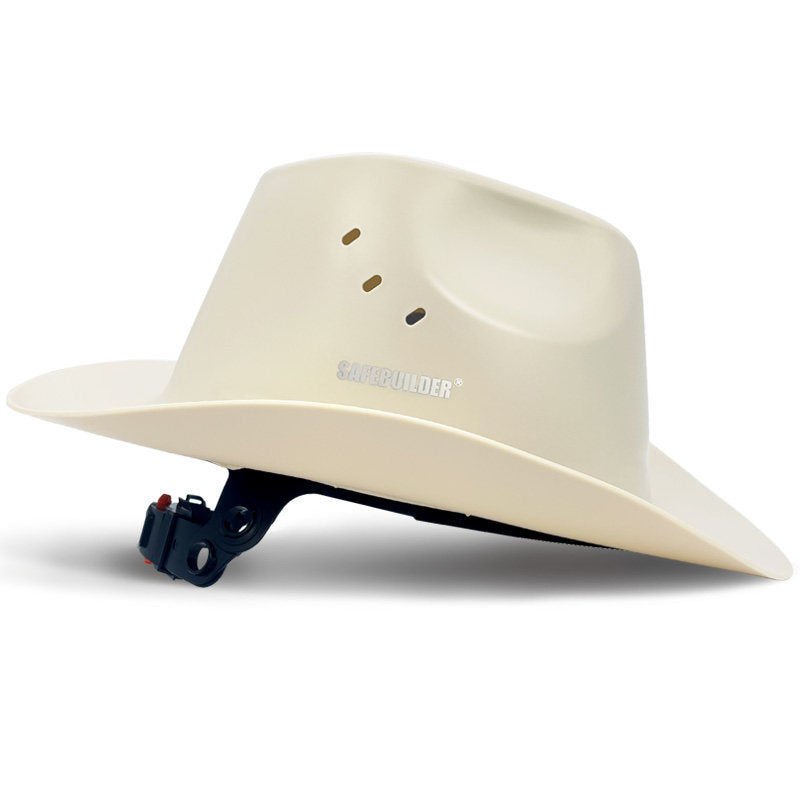 Beige cowboy style hard hat safety helmet side view with adjustable band