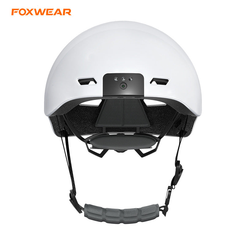 White Foxwear camera helmet front view with front camera and adjustable chin strap
