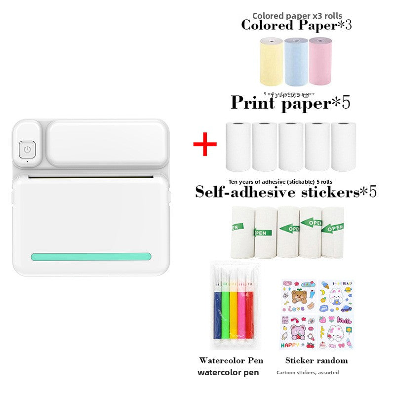 White thermal printer with a mint stripe beside colored paper, print paper rolls and sticker sheets in a bundle photo