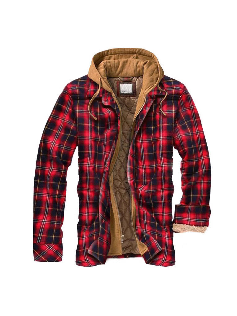 Front zip and button placket of the mens plaid hooded jacket