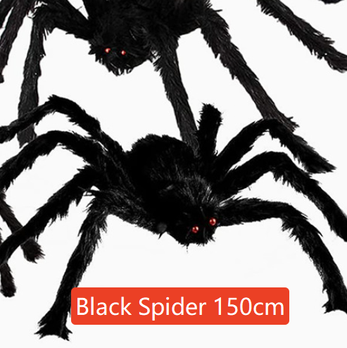 Hairy black Halloween spider prop with red eyes, flocked body and eight posable bendable legs