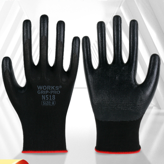 Black nitrile coated work gloves WORKS GRIP-PRO N518 size 8 with red cuff trim, product photo for the black option