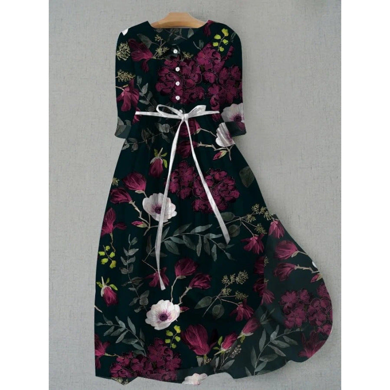 Womens floral print midi shirt dress with three quarter sleeves and a soft A line skirt