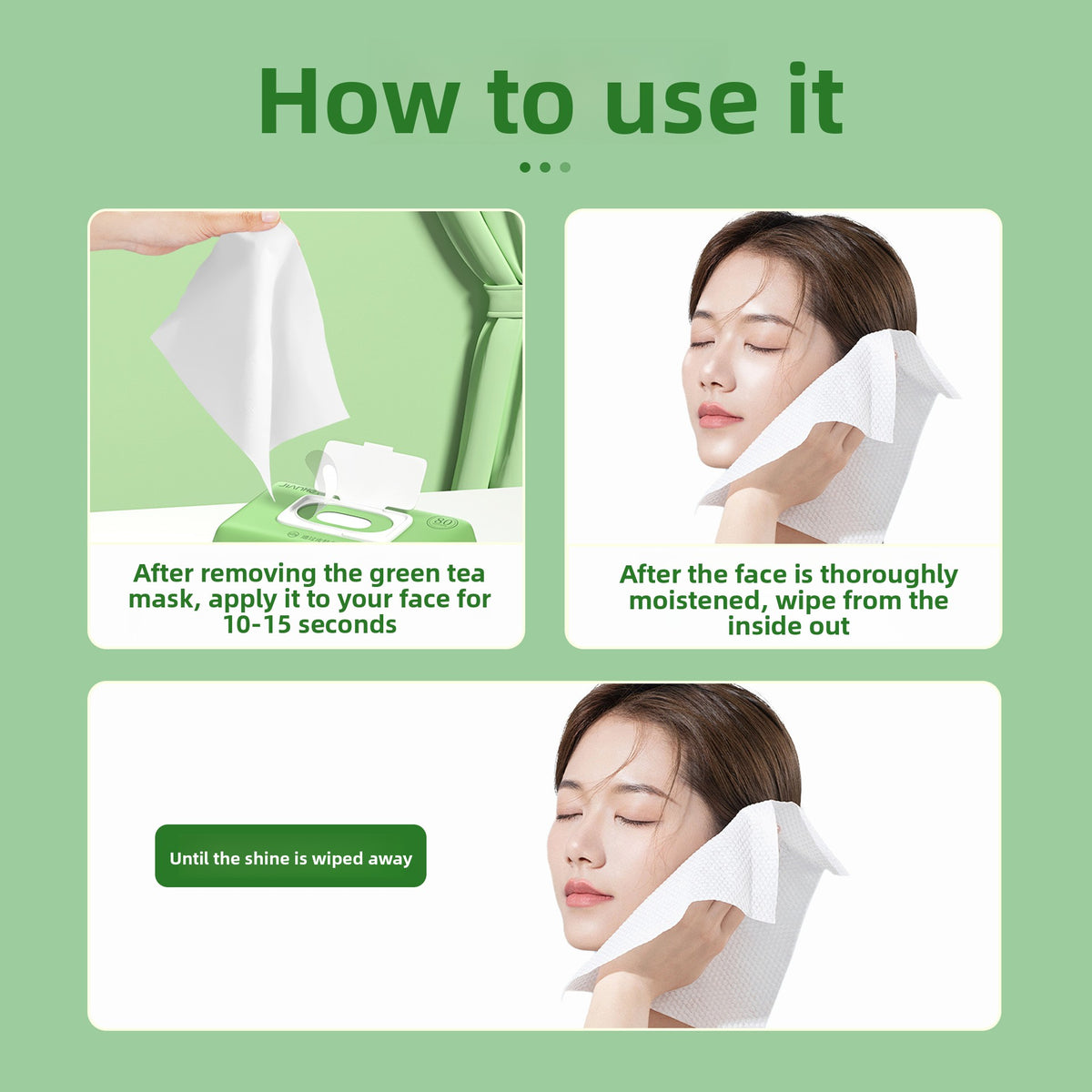 How to use infographic showing a wipe pressed on the face for 10 to 15 seconds and wiped from the inside out