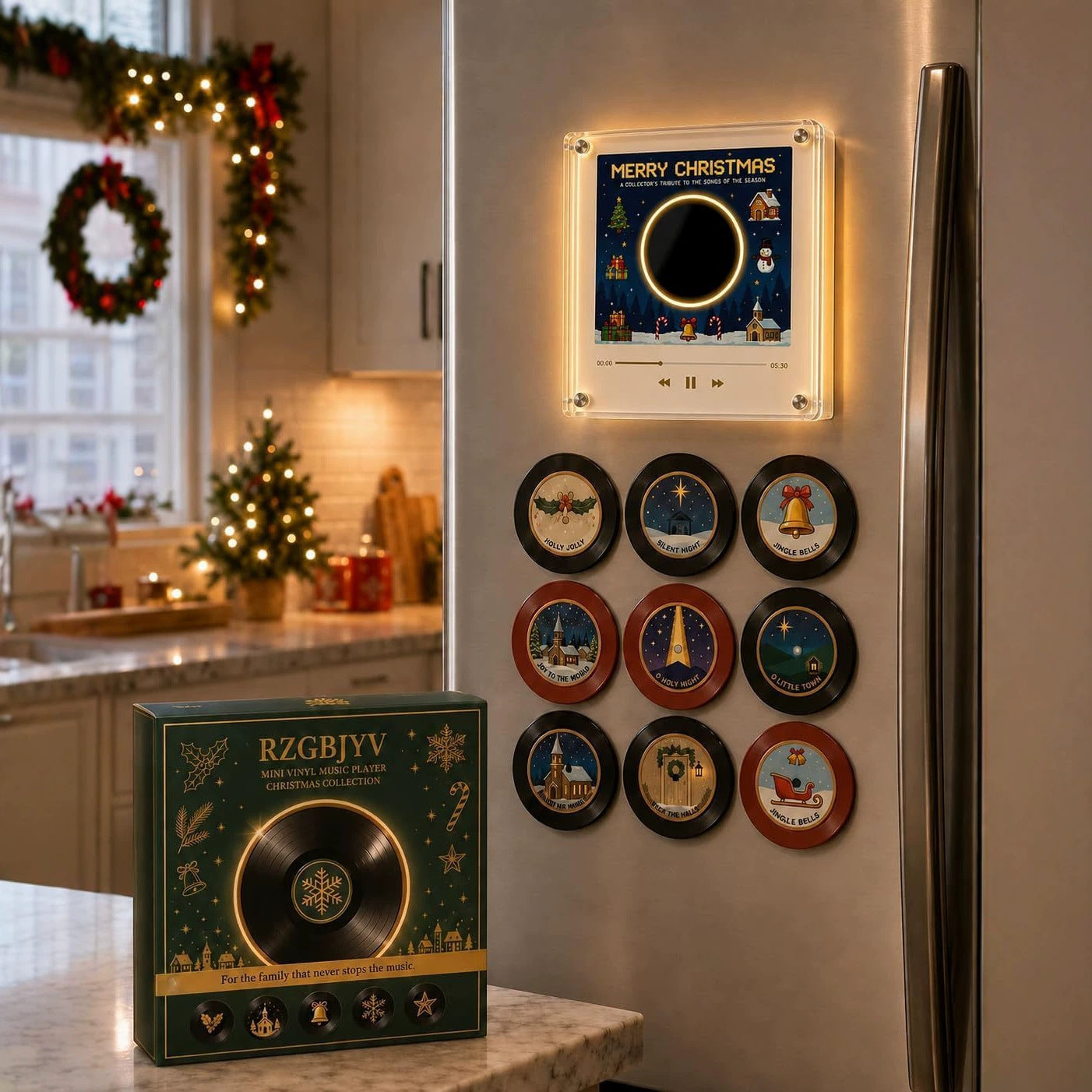 Light up rotating NFC music player fridge magnet on a plain background