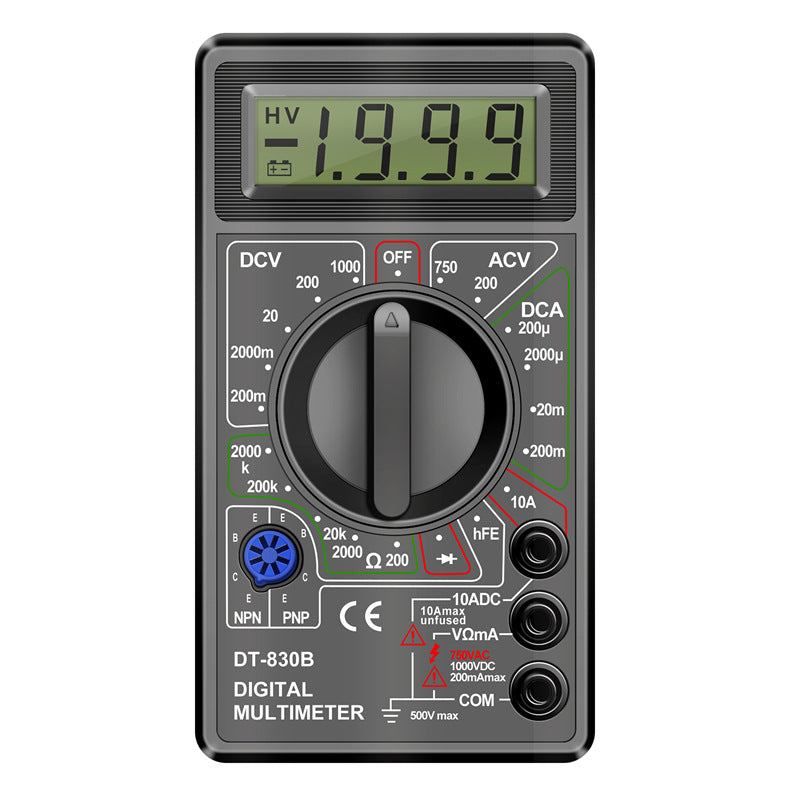 Black ANENG DT-830B digital multimeter with rotary dial and probe sockets, front view