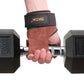 Brown leather gym palm grips with a padded wrist strap