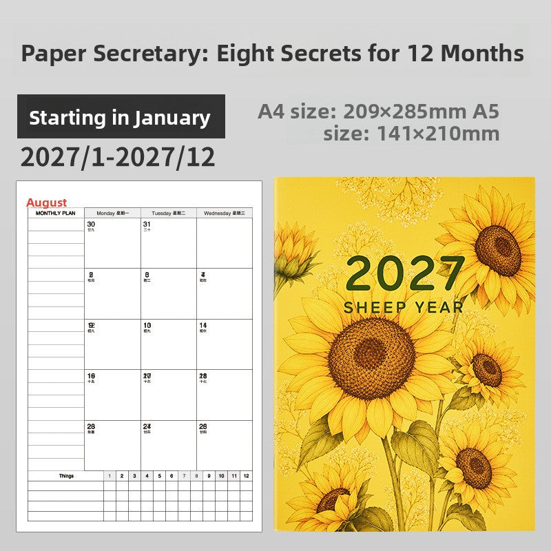 Sunflower 2027 cover monthly planner notebook in A4