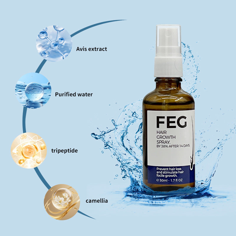 Amber FEG spray bottle in a water splash beside icons labelled Avis extract, purified water, tripeptide and camellia