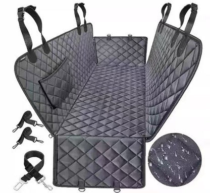 Detail of the mesh viewing window and side pocket on the pet car seat cover