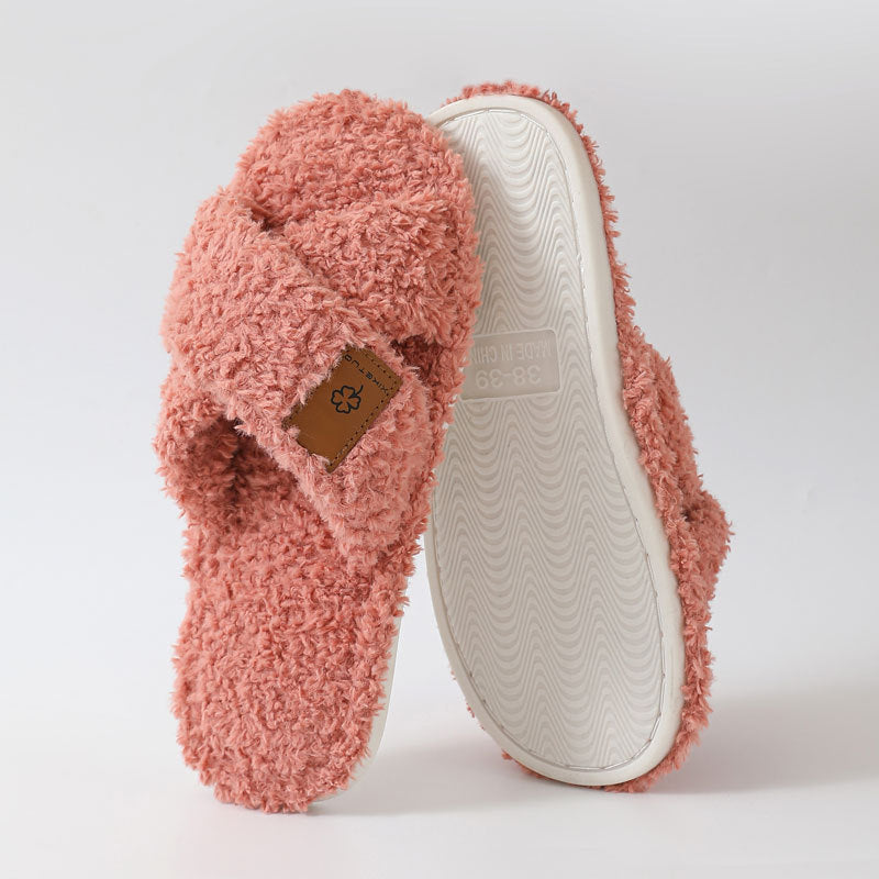 Orange crossed plush open toe slipper standing beside its textured TPR sole, size 38-39 option