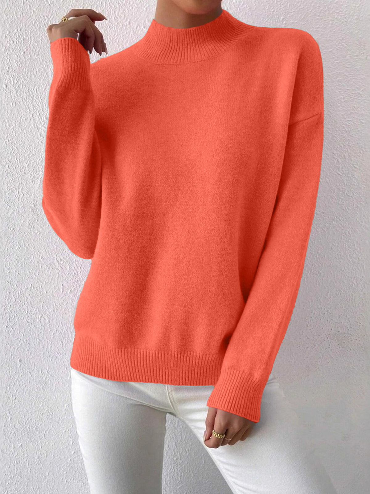 Orange Red half-high neck pullover sweater with long sleeves worn with white trousers, size XXL variant image