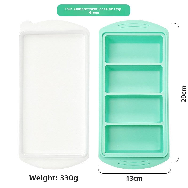 Four compartment silicone tray beside its white lid, 29 cm long, 330 g, option 4 Cavities 29 cm Tray, Mint Green