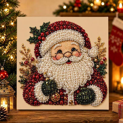 Santa Claus Christmas diamond painting made of pearl diamonds, shown against festive holiday decor