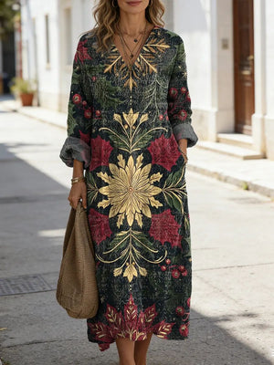 Floral V-neck long sleeve dress back view on model