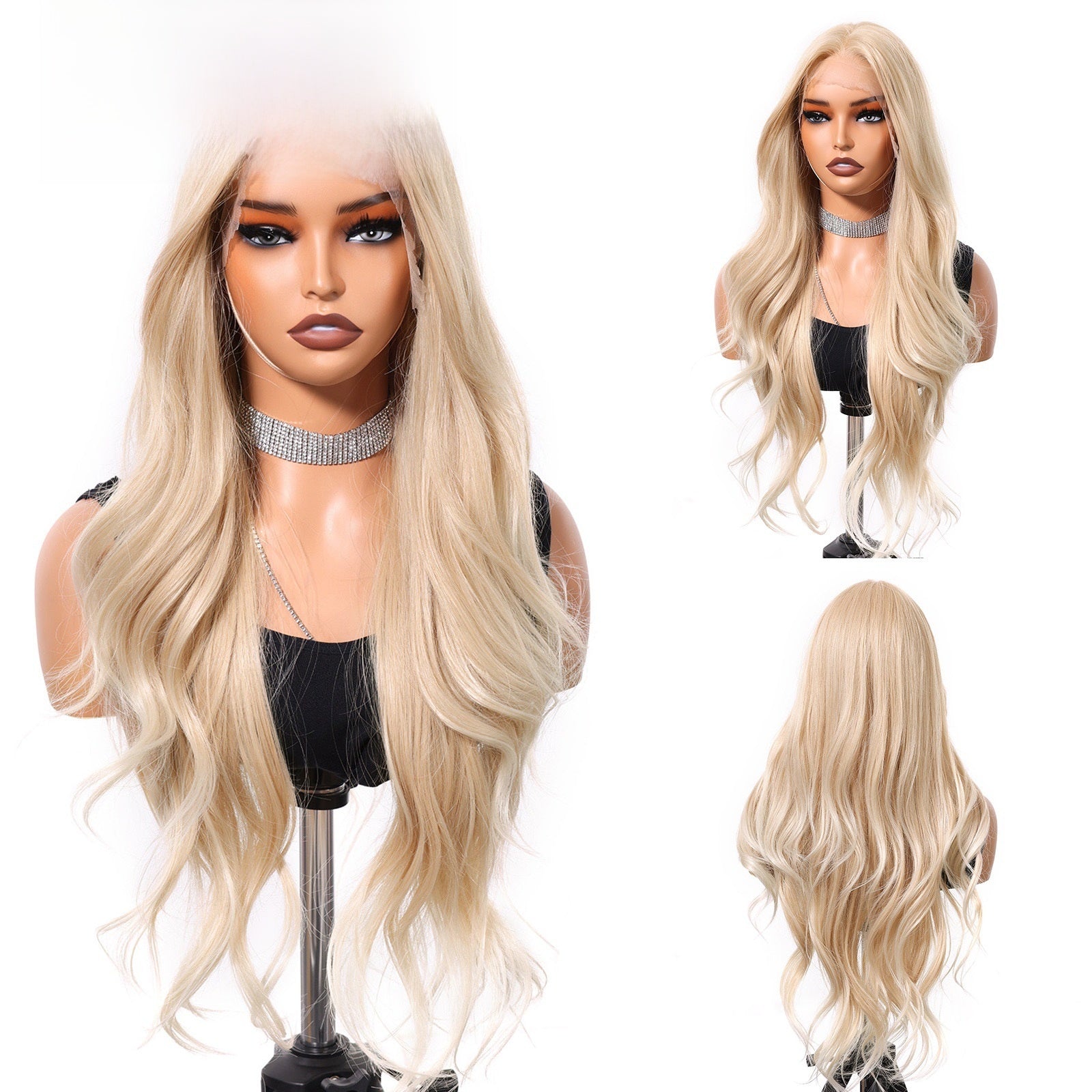 Shade code 1120-4, light champagne blonde wavy lace front wig from the front, side and back