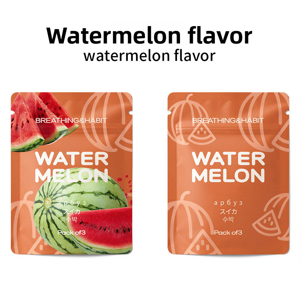Watermelon scented cotton core sachets, front and back, Breathing and Habit branding, pack of three
