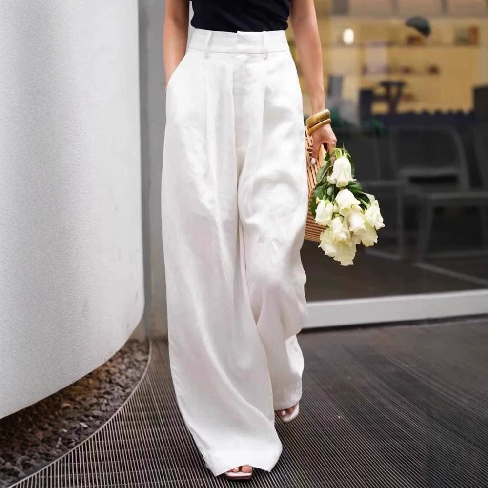 High waist cotton linen wide leg trousers with belt loops and a flat tailored front
