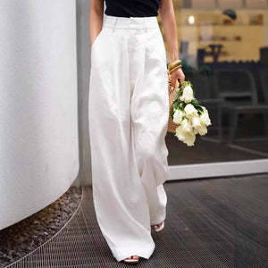 High waist cotton linen wide leg trousers with belt loops and a flat tailored front
