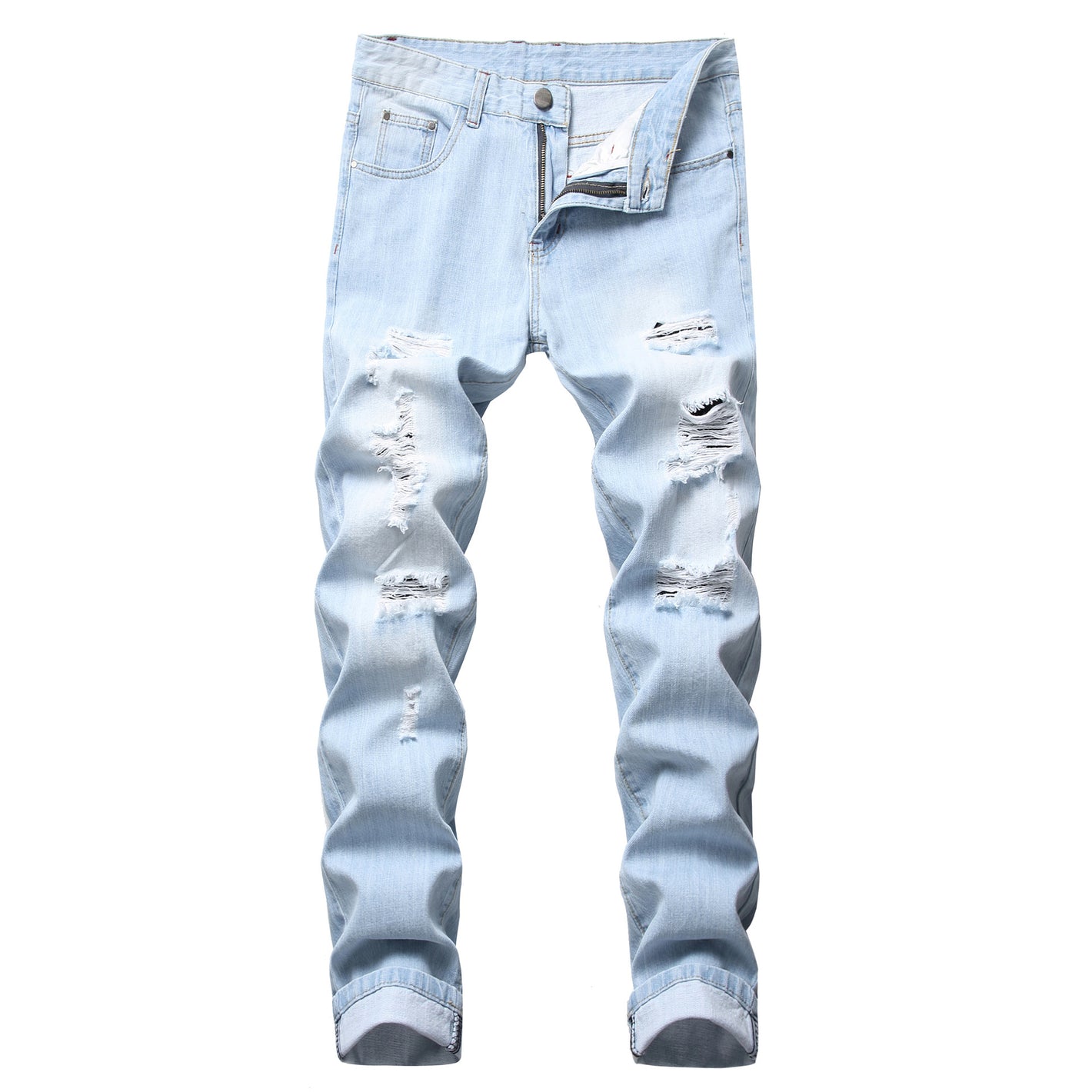 Men's straight fit denim jeans shown flat from the front with five pocket layout