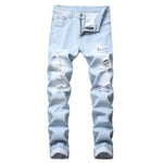 Men's straight fit denim jeans shown flat from the front with five pocket layout