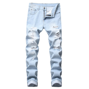 Men's straight fit denim jeans shown flat from the front with five pocket layout