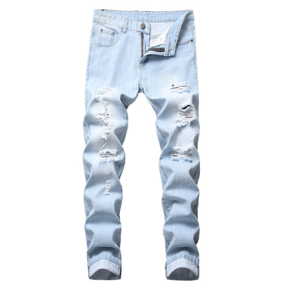 Men's straight fit denim jeans shown flat from the front with five pocket layout