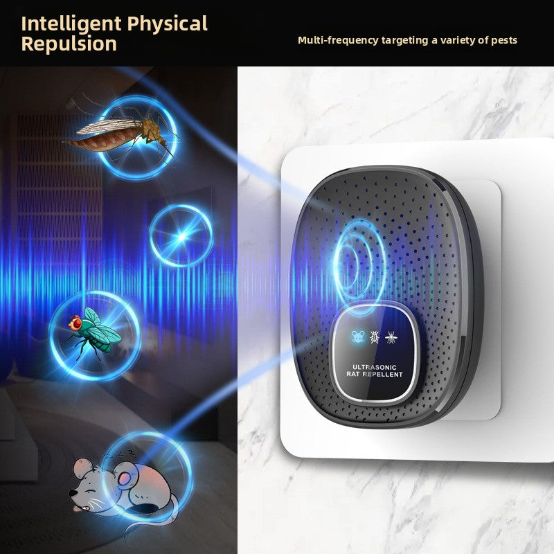 Ultrasonic pest repeller on a wall with illustrated high frequency sound waves