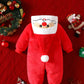 Back of the red fleece Santa baby jumpsuit showing the Santa hat tail with a white pompom