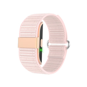 Pink woven nylon activity tracker band with rose gold keeper and D-rings