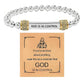 Silver bead bracelet with a God Is In Control engraved bar and gold pave rondelles