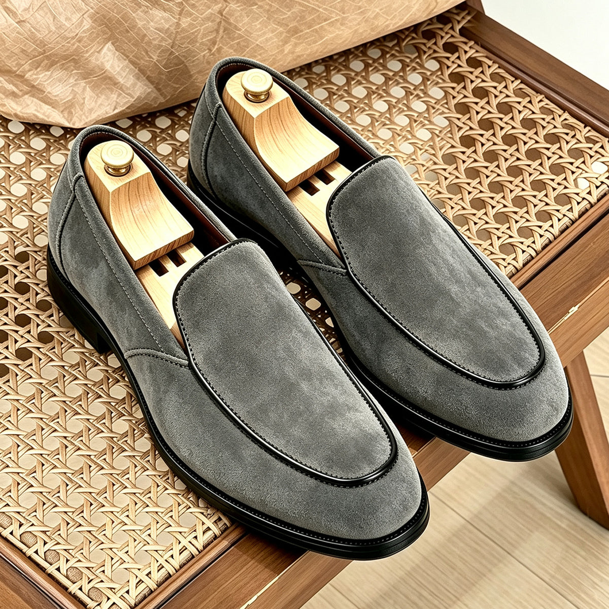 Gray vegan suede slip-on loafers with black piping and a round toe, shoe trees inside, on a bench, size 43 option