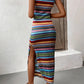 Multicolour striped knit maxi dress turned to show the side slit and double shoulder straps