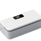 White mini heat sealer with a digital display, a side port and a round power button on a white background