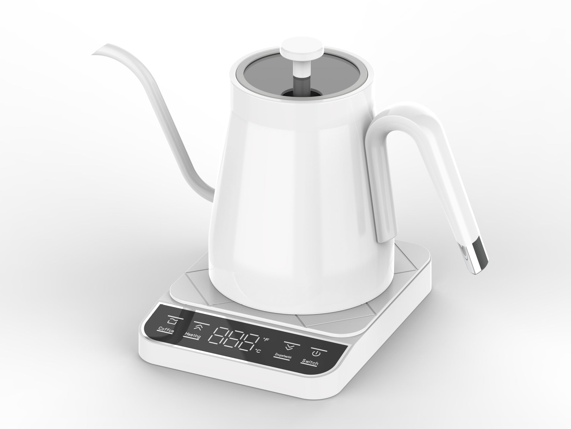 White gooseneck electric kettle with a white handle on a white base, Coffee and Boil touch pads in view