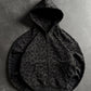 Charcoal leopard print zip-up hoodie with front pouch pocket, flat lay