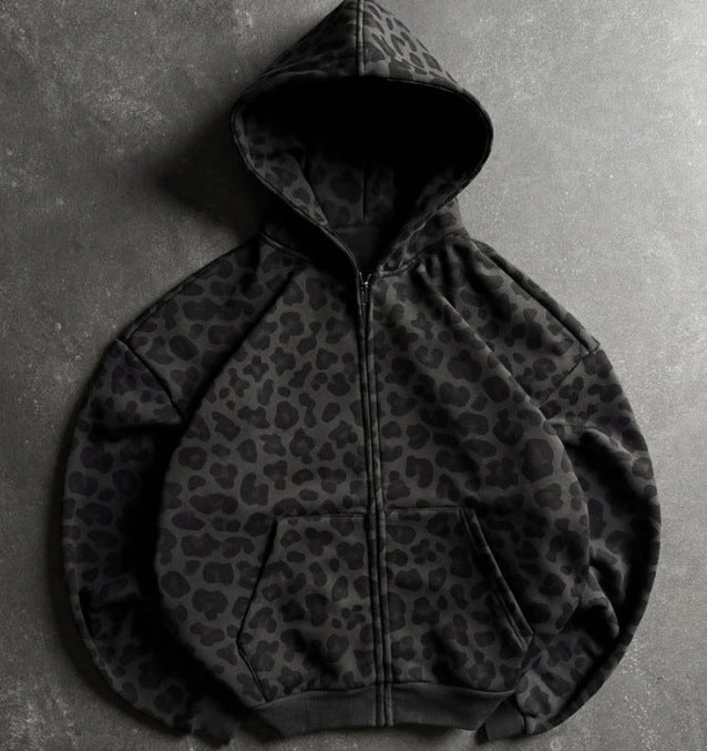 Charcoal leopard print zip-up hoodie with front pouch pocket, flat lay