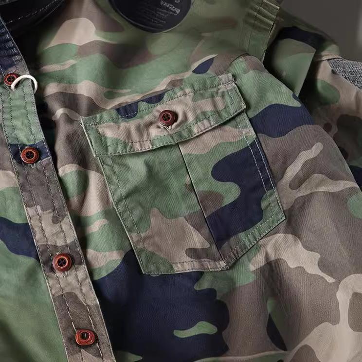 Men's washed camouflage long sleeve button shirt with two flap chest pockets detail of the red front buttons on camo