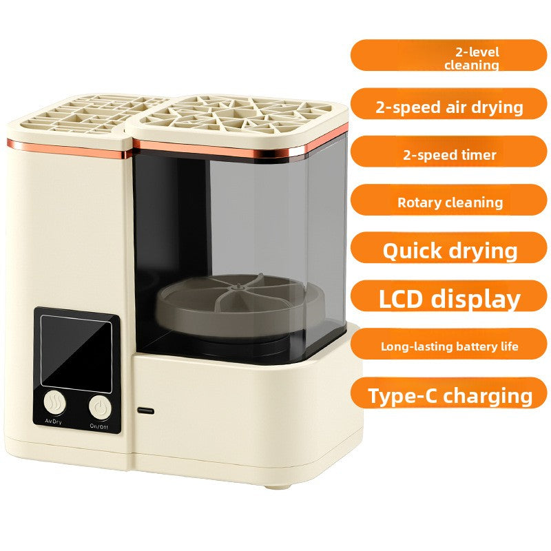 Beige makeup brush cleaner with Air Dry and On buttons and the rotary base