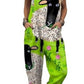 Lime green sheep print patchwork bib overalls with side pockets, option photo for size XL