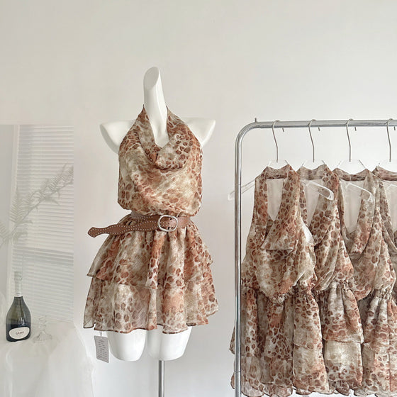 Sleeveless Leopard Print Chiffon Dress with Belt