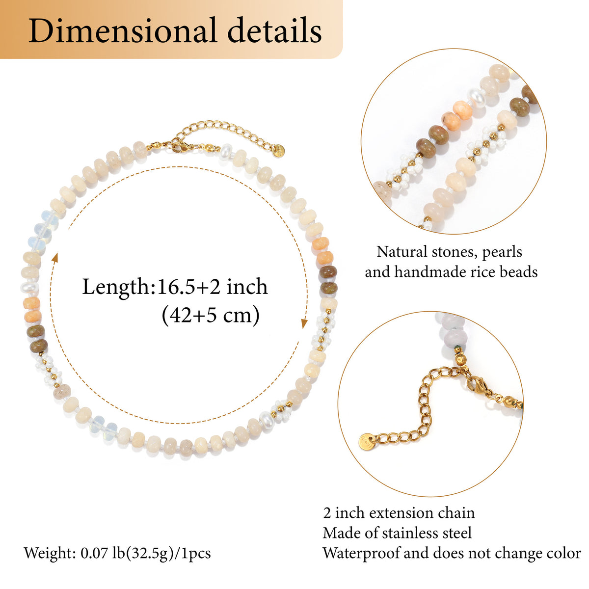 Cream neutral colorway of the natural stone and pearl beaded necklace with size details