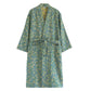 Cotton gauze kimono robe shown with its wrap front, kimono collar and sash tie