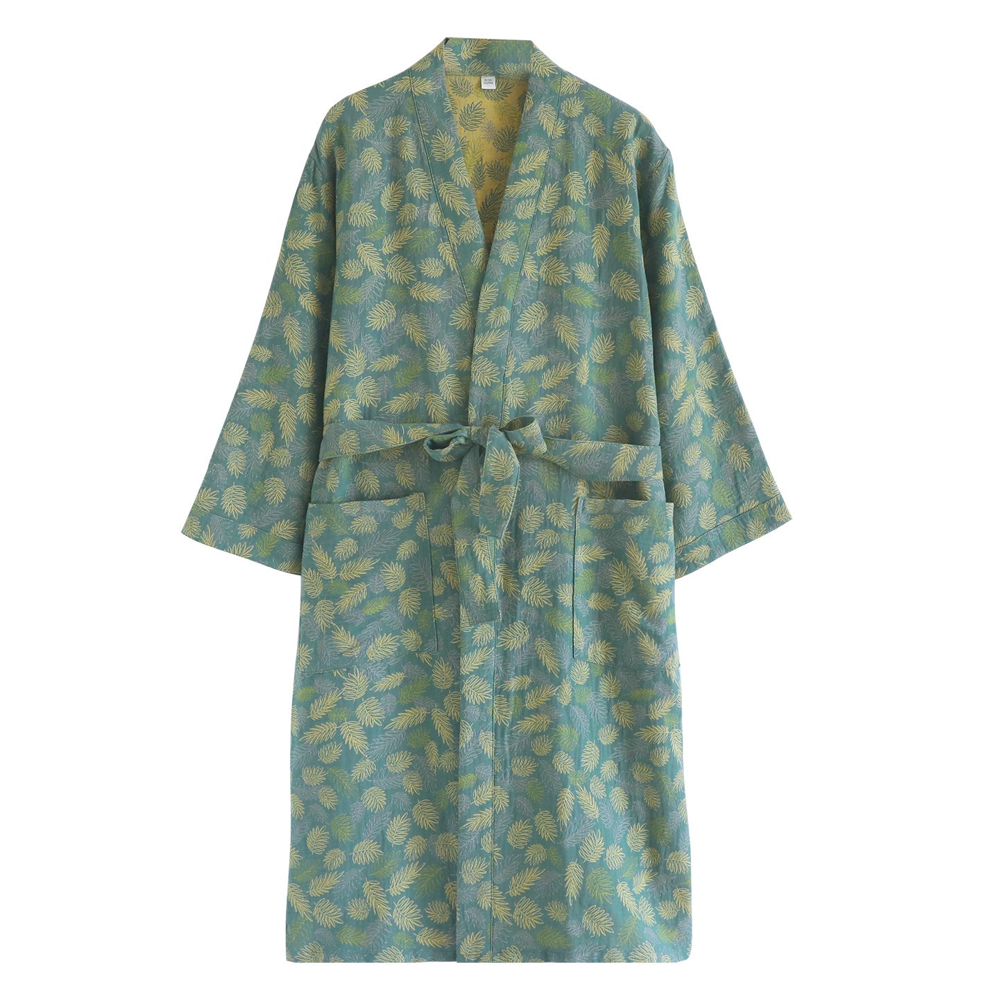 Cotton gauze kimono robe shown with its wrap front, kimono collar and sash tie