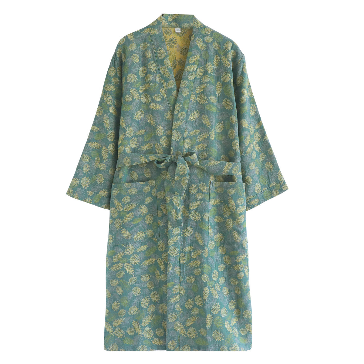 Cotton gauze kimono robe shown with its wrap front, kimono collar and sash tie
