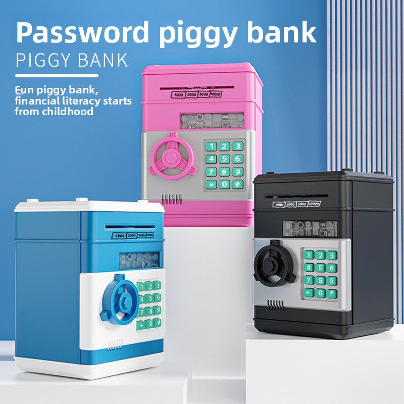 Plastic ATM piggy bank with a spinning safe handle and a numbered keypad on front