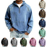 Blue washed half zip hoodie worn by a male model with small thumbnails of nine other colors