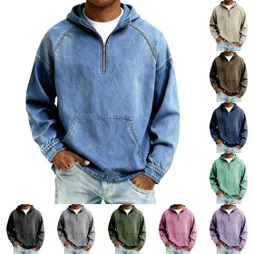 Mens Washed Denim Half Zip Hoodie with Kangaroo Pocket