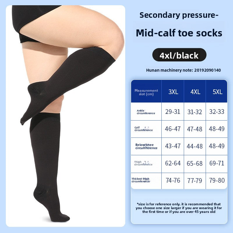 Beige over the knee compression stocking with silicone grip band at the top of the thigh